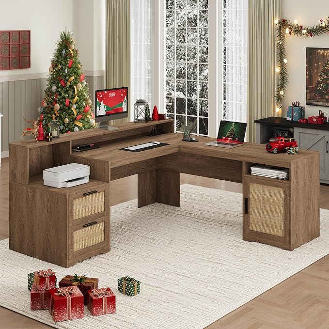 YOMILUVE 63" Farmhouse L Shaped Executive Desk with Drawers & Storage Shelf, Corner Rattan Computer Desk with Power Outlets, L Shaped Office Desk with Monitor Stand, Printer Shelf