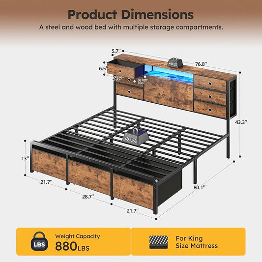 Homkdom King Size Bed Frame with 9 Fabric Drawers Storage, Charging Station & LED Lights, Metal Platform Bed Frame with Headboard,Noise-Free and Easy Assembly for Bedroom,Modern Brown