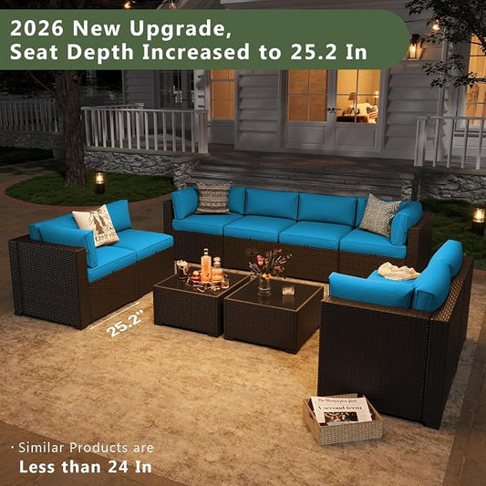 Aoxun 10 Piece Patio Furniture Set Wicker Rattan Patio Sectional Sofa Set Outdoor Seating Furniture with Thickened Cushion, Peacock Blue