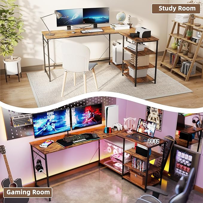 YOSHOOT 63" L Shaped Computer Desk, Gaming Desk | Office Desk with Open Shelves, Corner Desk L Shape for Home Office Work Study, Rustic Brown