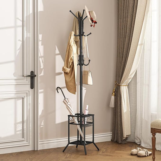 ELYKEN Coat Rack Freestanding, Metal Coat Rack with Umbrella Holder | 12 Hooks, Square Base, Heavy Duty Floor Standing Coat Tree for Entryway, Hallway, Living Room, Bedroom, Office, Black