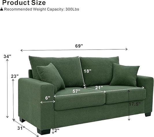 Ball & Cast 69" Loveseat Sofa, Modern Love Seat Couches for Living Room,Upholstered 2 Seater Small Couch with Throw Pillows for Bedroom,Apartment,Office,Easy Assembly,Dark Green
