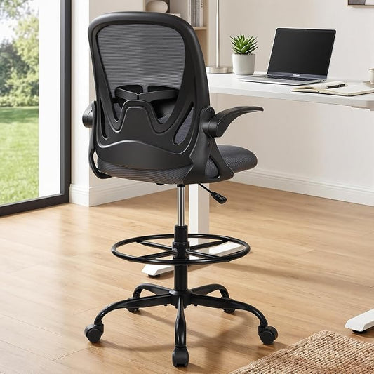 Primy Drafting Chair Tall Office Chair with Flip-up Armrests Executive Ergonomic Computer Standing Desk Chair with Lumbar Support and Adjustable Footrest Ring(Dark Gray)
