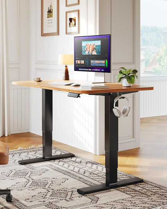 HUANUO Height Adjustable Electric Standing Desk Frame, 3 Stage Leg Dual Motors Sit Stand Desk Frame with Memory Controller for Home Office, for Max 75″ x 35″ Desktop, Frame Only, Black