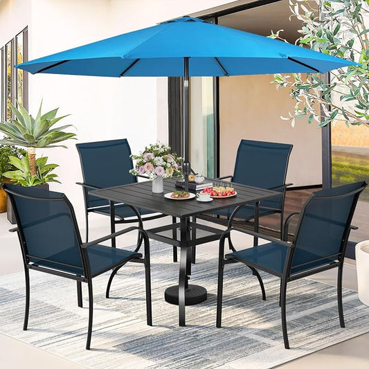 SUNCROWN 6 - Piece Outdoor Dining Set, Patio Furniture Set with 4 Textilene Dinning Chairs, 1 Steel Slat Metal Bistro Table and 1 Sky Blue 9Ft Patio Umbrella for Lawn Garden Backyard Deck, Blue