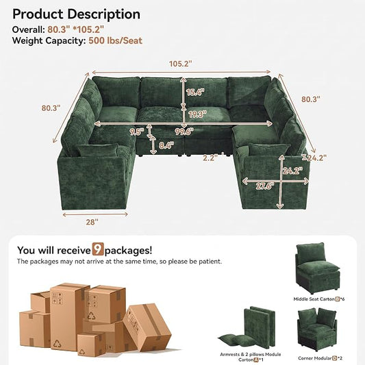 105" Green Oversized Modular Storage Sofa, U Shaped Chenille Cloud Couch | Oversized Convertible Sectional Sofa, 8-Seat Sectional Couch With Armrests, Large Cloud Couch For Living Room, Apartment.