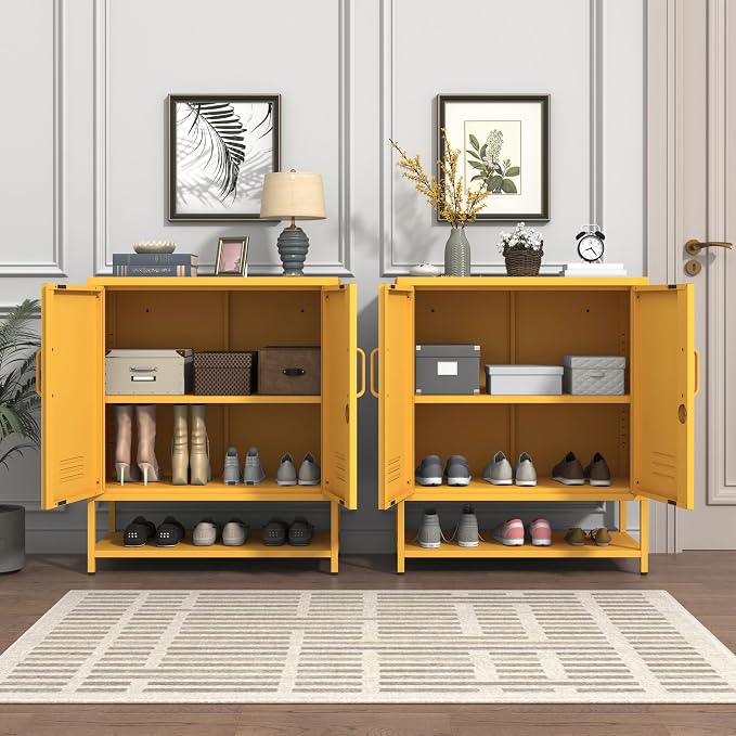 Wide 3-Tier Metal Shoe Storage Cabinet, Multifunctional Household Shoe Organizer with Adjustable Shelves for Home & Entryway Yellow 33" H X 29.5" W X 13.8" D