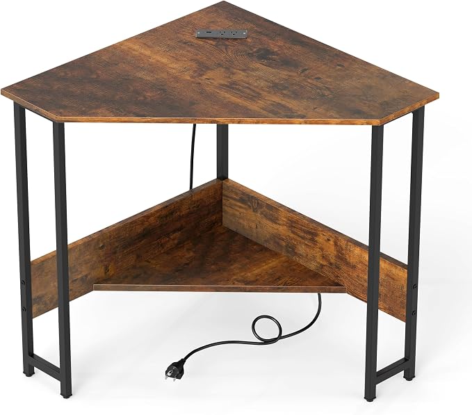 Tangkula Corner Desk with Power Outlet & USB Ports, Triangle Computer Desk with Charging Station, Storage Shelf, Space Saving Writing Desk, Vanity Table, Corner Desk for Small Space (Rustic Brown)