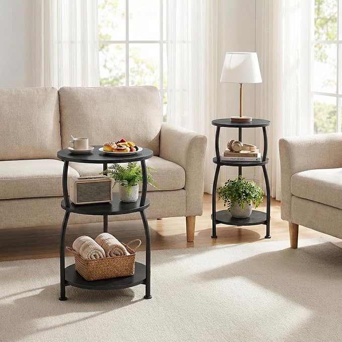 Round Side Table, 3-Tier End Table with Storage Shelf, 15.7" Wide Nightstand for Small Spaces, Tall Sofa Table Capable of Holding Laptops & Lamps, Bedside Table for Bedroom & Living Room, Black