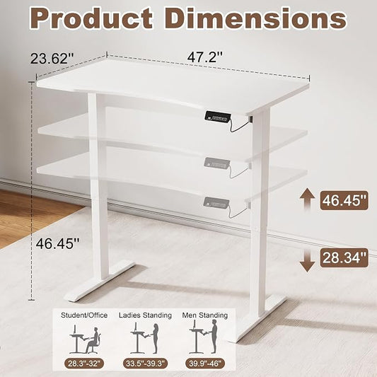 Solid Wood Electric Standing Desk 47.2"x23.6"Home Office Desk,Adjustable Workbench with 3 Stages Single Motor, Computer Workstation with T-Shaped Metal Bracket,Walnut Standing Desk for Gaming(1 Box)