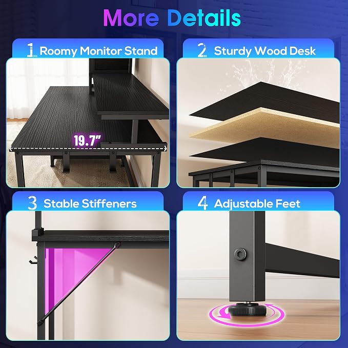 DurayLoly 55" Black Computer Desk with 2 Acrylic Cabinet & 3 Fabric Drawers | Integrates Ample Storage & Display, Great Fit for Small Spaces, Outlets Suitable for Studying, Working & Gaming Equipments