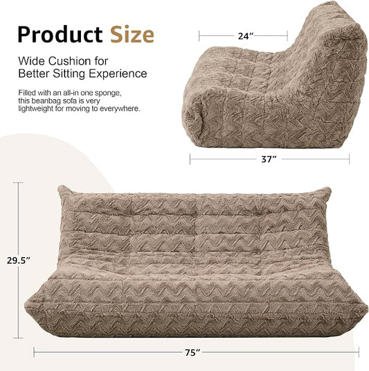 Hobestluk Giant Bean Bag Chair Faux Fur BeanBag Couch for Living Room | Brown Chevron, 3-Seater,Ergonomic Design,Memory Foam,Anti-slip Bottom,No Assembly Required,Decorative Style for Living Room