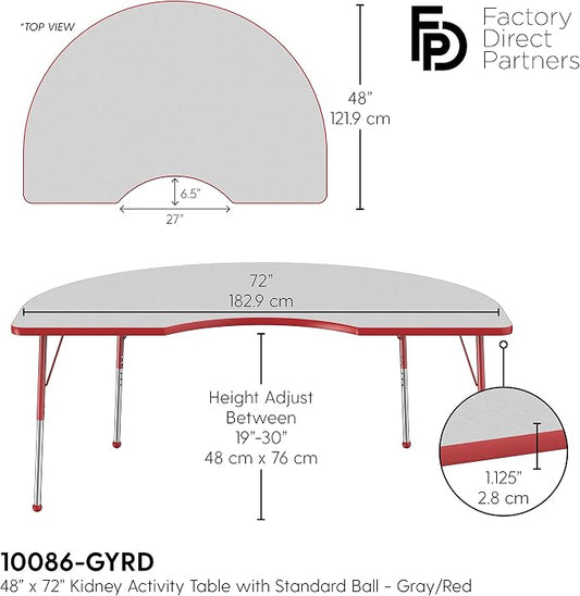 FDP Kidney Activity School and Office Table (48 x 72 inch), Standard Legs with Ball Glides for Collaborative Seating Environments, Adjustable Height 19-30 inches - Gray Top and Red Edge