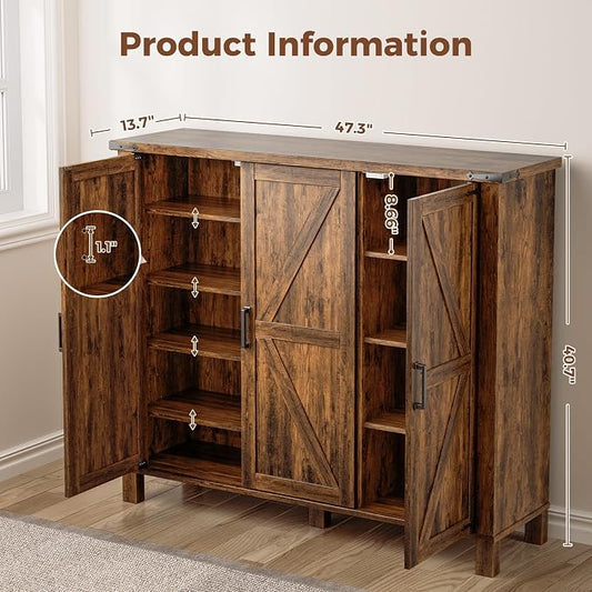 ALLSTAND 5-Tier Shoe Storage Cabinet, Farmhouse Shoe Rack Organizer Cabinet with 4 Adjustable Shelves & Side Cabinets, Freestanding Shoe Cabinet Storage with Anti-tip Fitting for Entryway, Brown