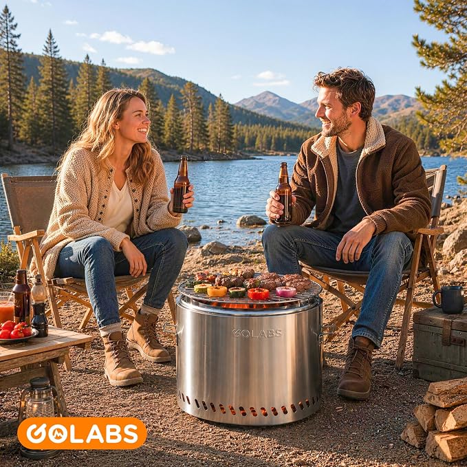 Golabs Smokeless Portable Fire Pit, 19.5" Stainless Steel, for Wood/Charcoal/Pellet Fuel, Portable with Sturdy Handles & Fire Cover, Suitable for 2-6 People, Perfect for Backyard, Picnics & Camping