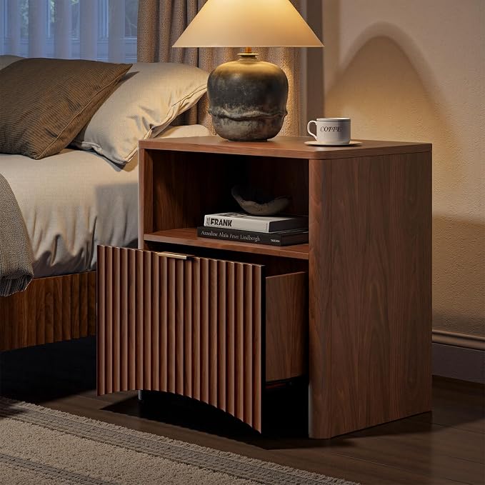 Evermagin 3-Piece Bedroom Furniture Set for Bedroom, 55" Wide Fluted 6-Drawer Dresser with 2 Nightstands, Mid-Century Modern Dresser and Nightstand Set (Walnut)