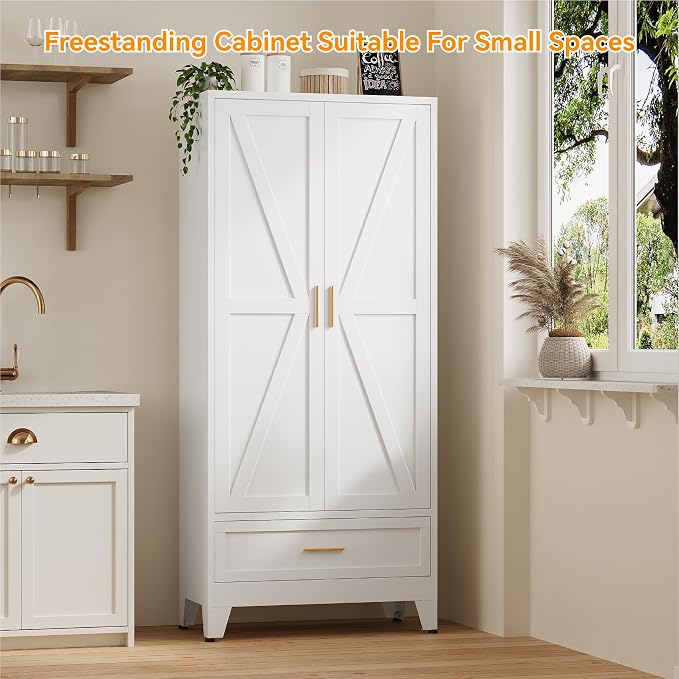 71" Tall Kitchen Pantry Cabinet,Farmhouse Pantry Cabinet,Metal Cabinet with Adjustable Shelves and Drawer,Storage Cabinet for Kitchen Dining Room Garage,White 1 Pack