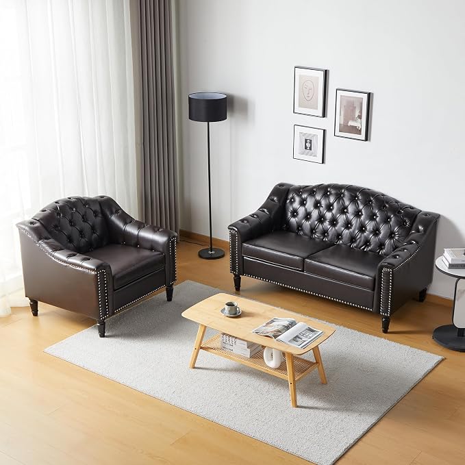 LEVNARY Chesterfield Loveseat Leather, Upholstered Sofa with Button-Tufted Back, Mid-Century Modern Sofa with Solid Wood Legs, 2 Seater Couches for Living Room (Brown)