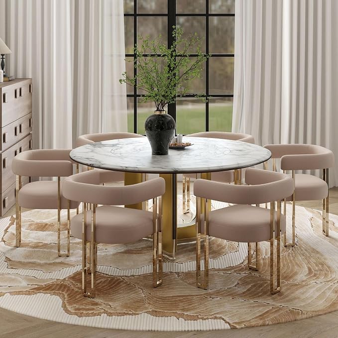 Hyfirm Velvet Dining Chairs Set of 2, Khaki Upholstered Barrel Armchairs with Gold Metal Legs for Kitchen Island, Mid Century Modern Accent Side Chairs for Dining Room and Living Room, Open-Back