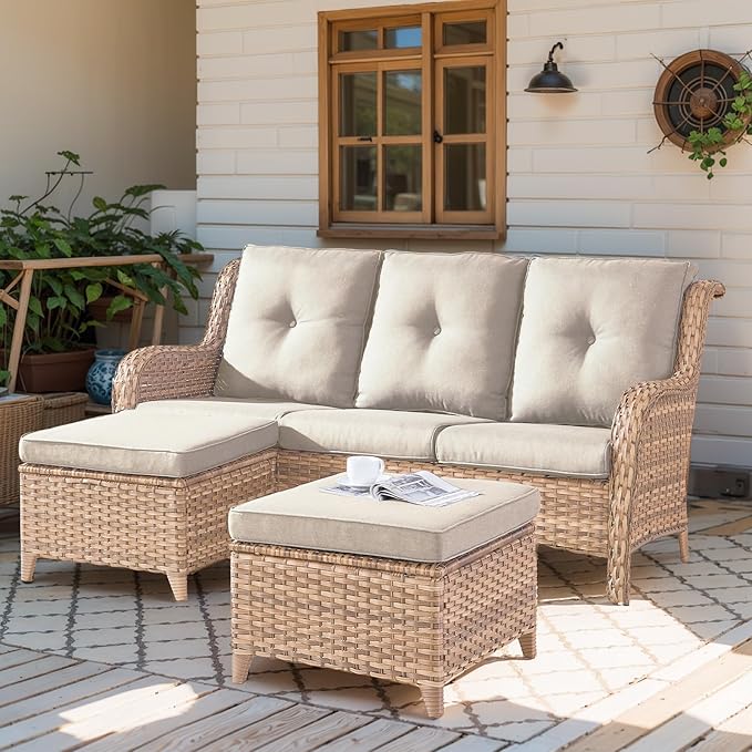 Outdoor Patio Furniture - 3 Seater Outdoor Rattan Wicker Sofa Patio Couch with Ottoman for Porch Deck Garden Backyard - Yellow/Beige