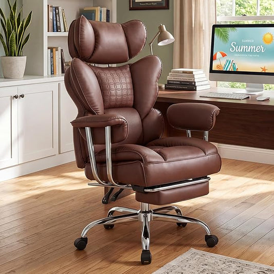 DUMOS Big and Tall Office Chair 400 LBS, Scratch-Resistant PU Leather Executive Office Desk Chair with Footrest, Ergonomic Reclining Computer Chairs with Pocket Spring Support, Brown