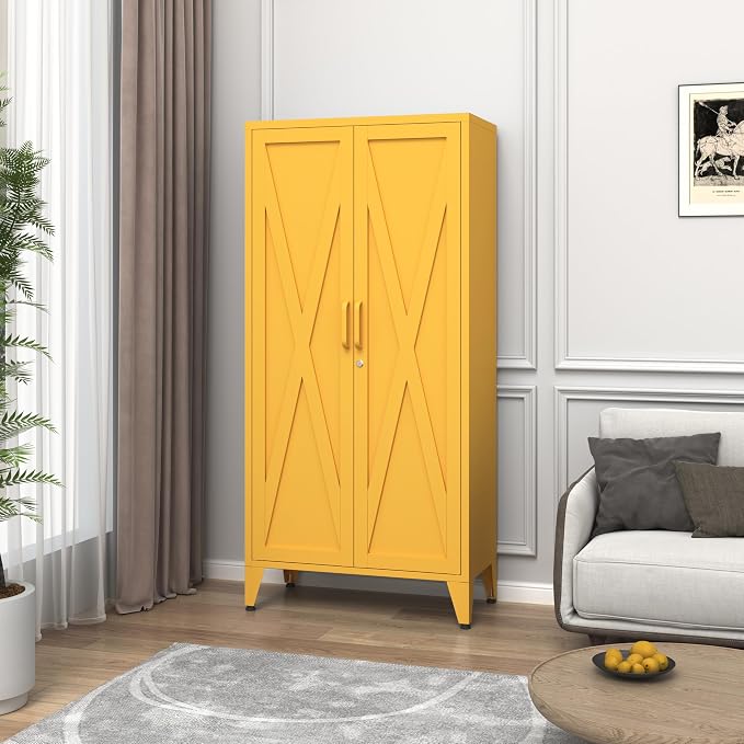 61'' Tall Metal Pantry Cabinet with Lock and 3 Adjustable Shelves,Freestanding Heavy Duty Steel Storage Locker, Yellow Metal Cabinets for Kitchen,Living Room,Laundry,Garage
