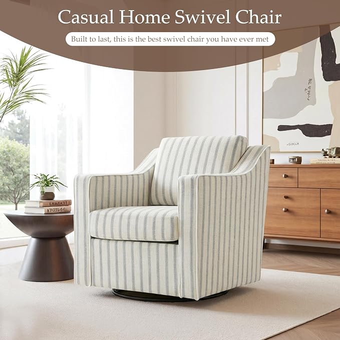 Swivel Accent Chair, 360° Swivel Upholstered Club Armchairs for Living Room, Comfy Fabric Single Sofa Reading Chair with Deep Seat, Metal Swivel Base, Pinstripe Light Blue