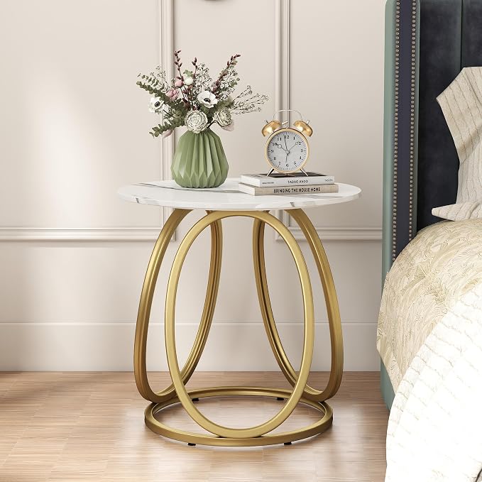 O&K FURNITURE Gold Side Table for Living Room, Round End Table with Chrome Finish, Contemporary Nightstand, Bedroom & Home Office, 1PC