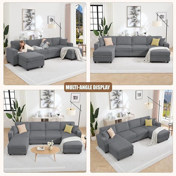 127" Modular Sectional Sofa with Storage, Corduroy 6-Seater U-Shaped Sofa with Ottoman Chaise, Cloud Sectional Couches for Living Room, Apartment