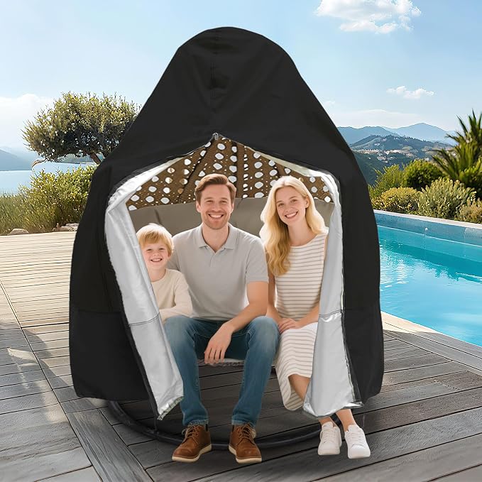 Heavy-Duty Outdoor Egg Chair Cover for Two-Seater - Zippered, UV-Resistant, Windproof, Anti-Oxidation & Anti-Fade Protection for Hanging Wicker Rocker Chairs, 79"x91" (Black)