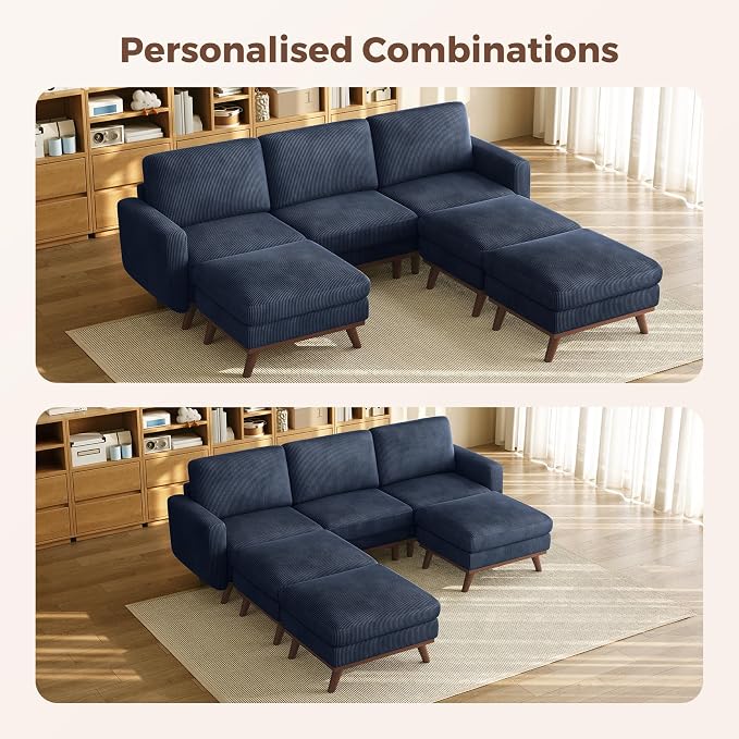 Vesgantti 97" Modular Sectional Sofa Drak Blue, Sectional Couch with Movable Ottoman, Comfy Corduroy Couch with Spring Cushion, Modular Sofa with Deep Seat for Living Room, Bedroom and Apartment