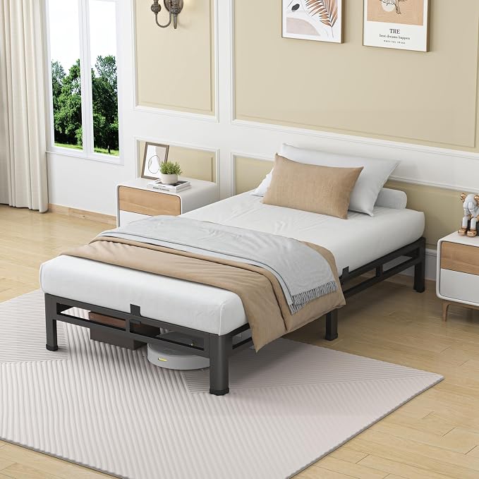 NKZ 7 Inch Twin Size Bed Frame, Metal Bed Frame & Box Spring 2 in 1 Platform with Round Corner Legs, 4000Lbs Heavy Duty Low-Profile Frame, Mattress Slide Stopper, Noise-Free, Easy Assembly