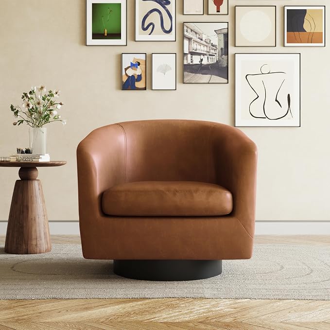 Faux Leather Swivel Barrel Accent Chairs Set of 2, Comfy Club Chair Upholstered Round Armchair for Lving Room, Brown