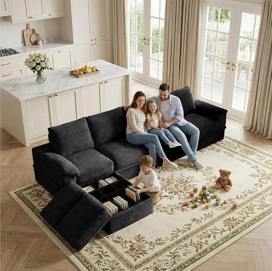 142" Modular U-Shaped Sectional Sofa with Storage, 4-Seat Corduroy Boneless Couch, 27" Deep Seat Cloud Couch & 2 Movable Ottoman, Tool-Free Assembly, Couch for Living Room, Black
