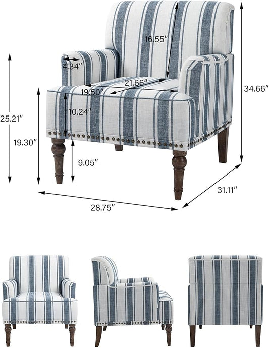 Accent Chair, Mid Century Modern Comfy Armchair for Living Room, Linen Fabric Single Sofa Lounge for Reading Bedroom Apartment Waiting Room with Wood Legs (Dark Blue Stripe, Set of 2)