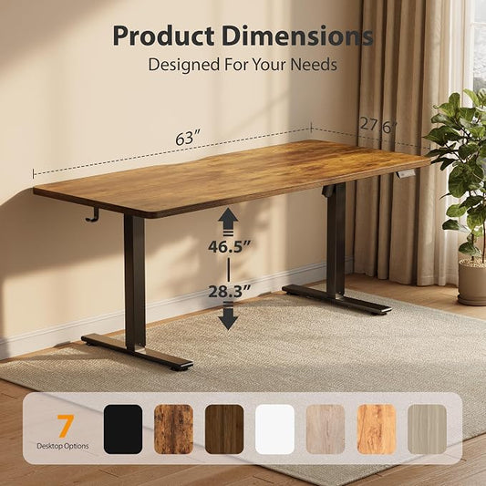 Cubiker Standing Desk, 63x28 Inches Sit Stand Home Office Desk, Electric Stand up Desk, Adjustable Desk with Splice Board, Black Frame/Rustic Brown Top