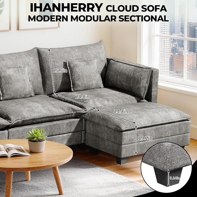 LEVELEVE 112.5" L-Shape Modular Sofa with 1 Ottomans, Deep Seat Cloud Convertible Sleeper, 3 Throw 2 Arm Pillows, Cozy Upholstered Furniture for Living Room Apartment, Dark Grey