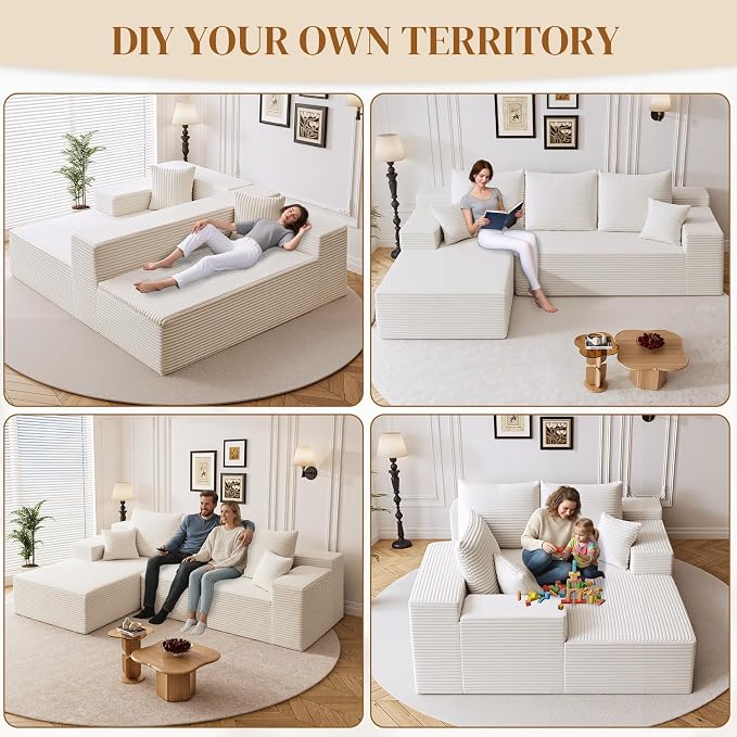 108" L Shaped Boneless Sectional Couches for Living Room, Comfy Corduroy Floor Cloud Sofa with Chaise, Wide Armrest, Deep Seat, Memory Foam, Assembly Free, Ideal for Small Spaces, White