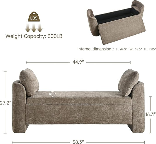 Usaint 58.3" Storage Ottoman Bench with Pillows, Upholstered End of Bed Bench with Arms, Footrest Stool Bench for Bedroom, Living, Window, Entryway and Hallway, Brown
