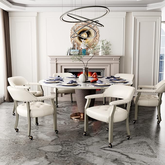 LEEMTORIG Set of 6 Large Dining Chairs with Casters and Arms, Rolling Dining Chairs with Wheels, Solid Wood Boss Caption's Chairs, 26" D x 25.2" W x 31.5" H, Grey Legs & Ivory SY-1318-WT