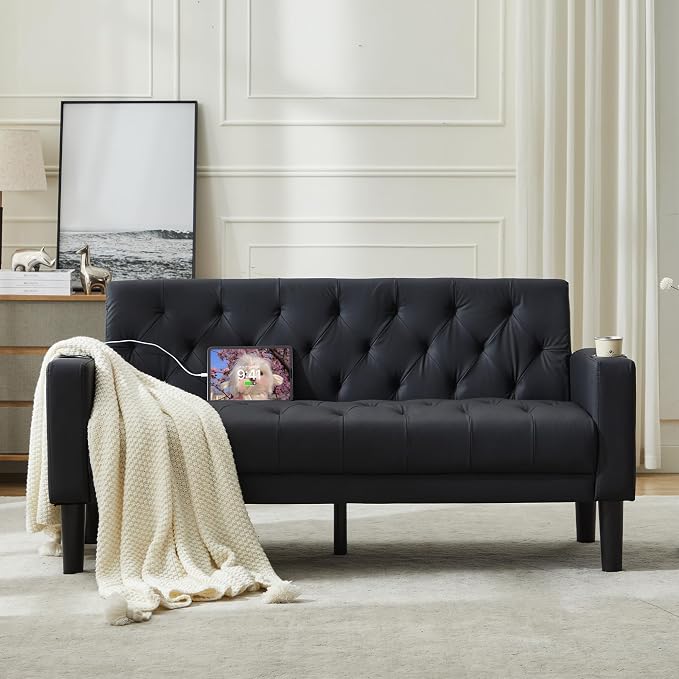 TYBOATLE 62" W Loveseat Sofa w/ 2 USB Charger Ports and 2 Cupholders, Mid-Century Modern Tufted Black Leather Small Love Seat Couches for Compact Living Room, Office, Bedroom, Apartment, Dorm