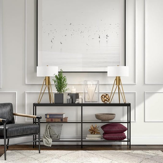 Henn&Hart 64" Wide Rectangular Console Table in Blackened Bronze, Entryway Table, Accent Table for Living Room, Hallway | Open lower shelves adds practical storage while the glass design keeps spaces feeling bright for living rooms or entryways