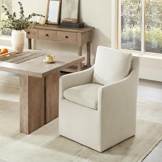 KISLOT Upholstered Dining Chairs with Casters, No Assembly Modern Accent Armchair with Rollers for Dining Room, Bedroom, Living Room, Reading Room, Already Assembled, Beige, 2 Box