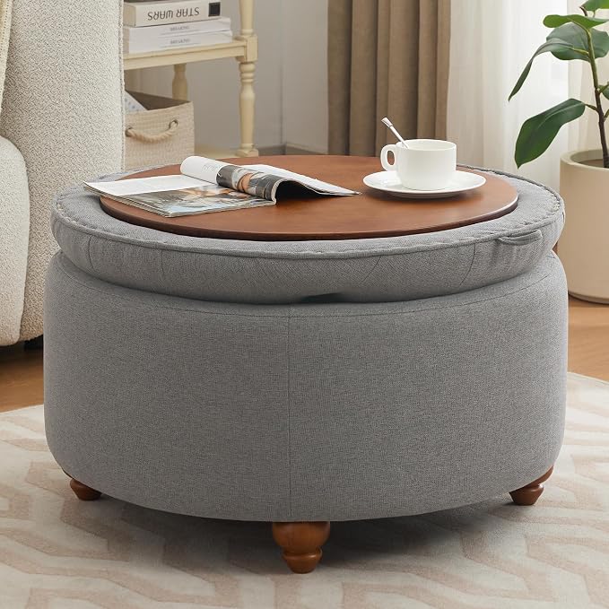 WUTUTUEE 30Inch Round Storage Ottoman with Tray, Modern Tufted Fabric Circle Coffee Table with Storage, Upholstered Ottoman with Removable Top for Living Room, Bedroom, Light Grey