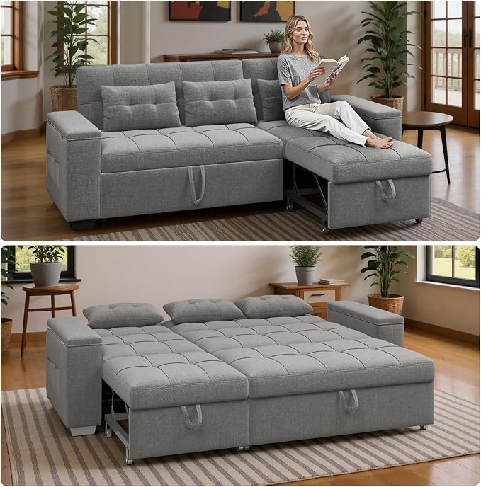 Ahomly 87" Convertible Sofa Bed – Space-Saving Sleeper with Pull-Out Design, Adjustable Backrest, Wide Armrests with Storage, Plush Cushions, Cozy for Small Spaces (Light Grey)