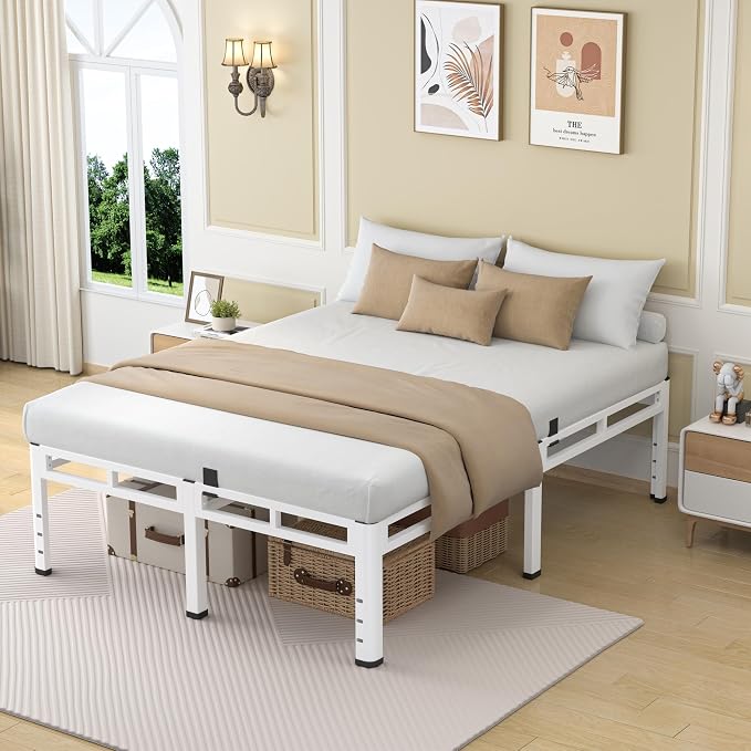 NKZ 22 Inch Queen Size Bed Frame, Metal Bed Frame & Box Spring 2 in 1 Platform with Round Corner Legs, 4000Lbs Heavy Duty Metal Frame, Mattress Slide Stopper, Headboard Hole, Noise-Free, Easy Assembly