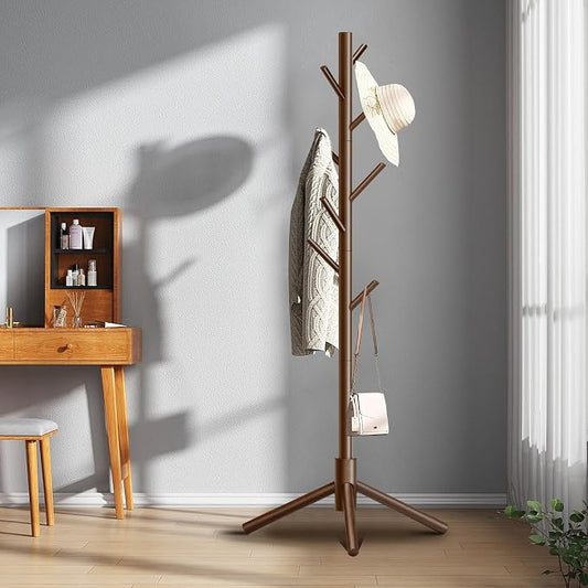 Coat Rack, Coat Racks Freestanding with 8 Hooks 3 Adjustable Heights for Clothes, Hats, Handbags, Coat Tree Easy Assembly for Entryway, Bedroom, Hallway, Office(Brown)
