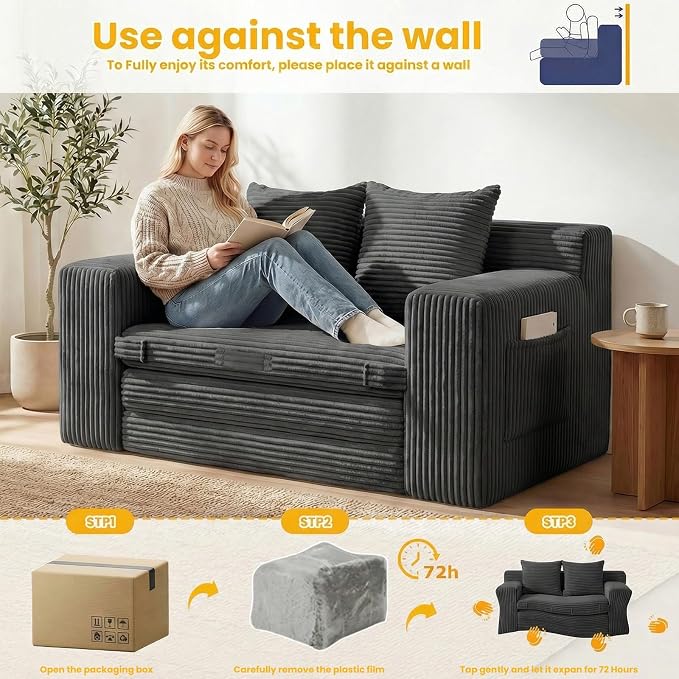 Boneless Couch,Boneless Loveseat Sleeper Sofa Bed – 3-in-1 Convertible Couch Bed with Side Pockets & Handle,Pull Out Corduroy Futon for Small Space,Living Room & Bedroom,2 Pillows Included,No Assembly
