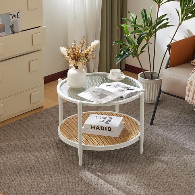 VINGLI 25.6" Coffee Table for Living Room, Round Water-Wave Glass Metal Center Table, Modern Rattan Coffee Table with 2-Tier Storage, Farmhouse Circular End Table for Small Space, White