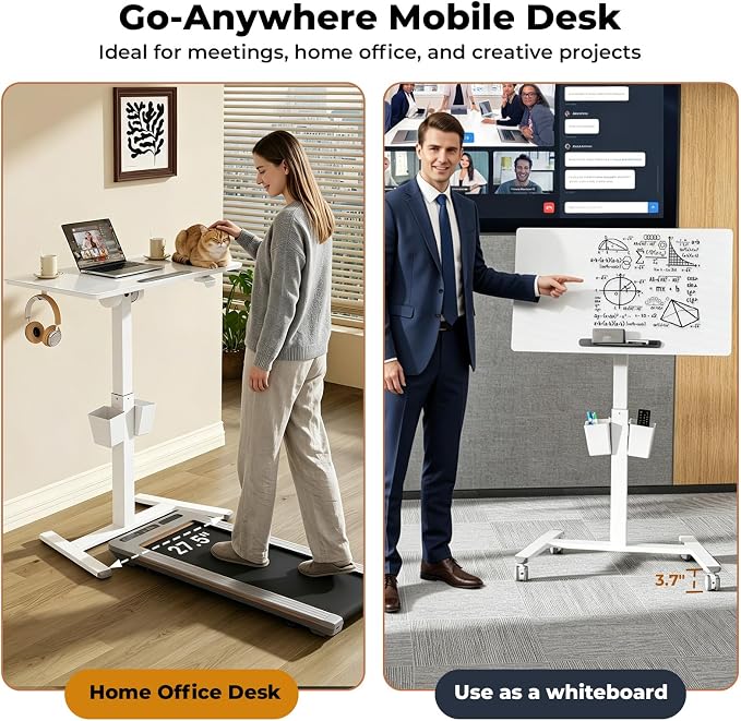 35" Glass Mobile Standing Desk with 90° Tilt, Rolling Whiteboard on Wheels | Height Adjustable Portable Drafting Table with Storage, Small Foldable Laptop Desk for School Home Office, White